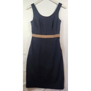Club Monaco Navy Blue Sheath Dress Tan Ribbon Trim Back Zip Pockets Size 2
